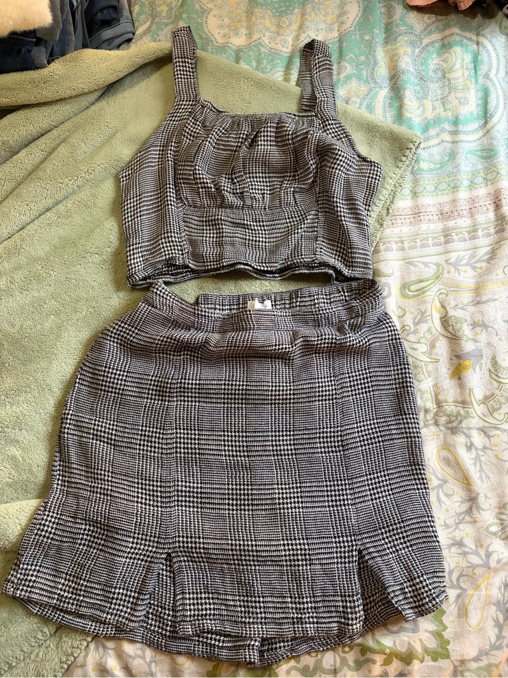 Japna Black & White Plaid Crop Top and Skirt Set